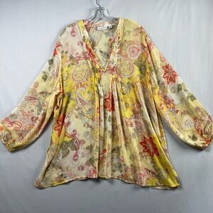 Susan Graver Tunic Blouse Womens 2X Floral Pleated Long Sleeves V Neck Yellow